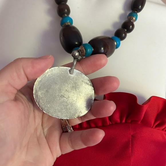 Turquoise and Brown Beaded Necklace with Silver Pendant 22 inches tribal 💙 - Picture 5 of 6